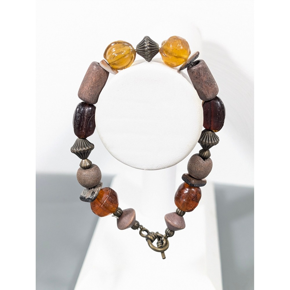 Artisan Wood & Amber Glass‎ Bead Bracelet 8.5" Handmade Boho